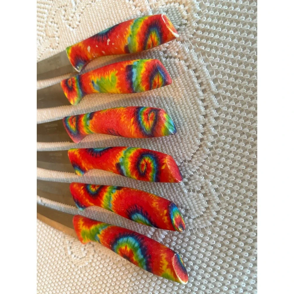 Art+Cook Steak Knife Set 6pc Stainless Steel Tie Dye Rainbow Serrated Blades